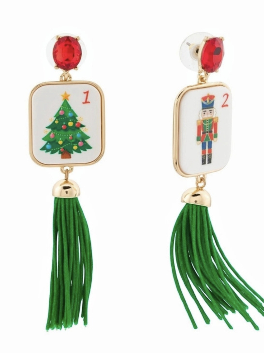 🌲▪️True To Form ▪️Mismatched Christmas Tassel Print Tile Earrings